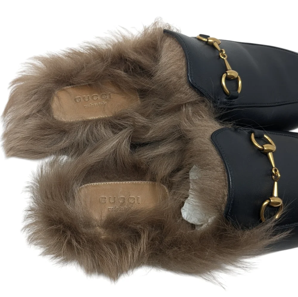 Gucci Black Leather Fur Princetown Mule Loafer Size EU 39 - Picture 5 of 9